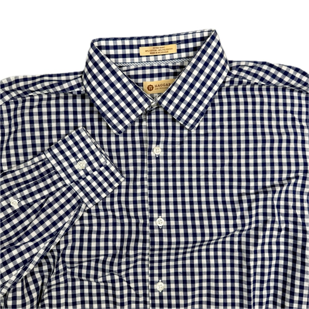 Haggar Men's Button Up Dress Shirt Blue Checkered Collar Size 16 - 34/35 Gangham